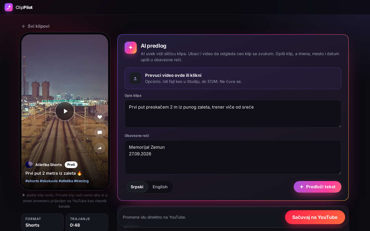 Izmena YouTube klipa: pregled na telefonu, AI predlog teksta, naslov, opis i termin objave